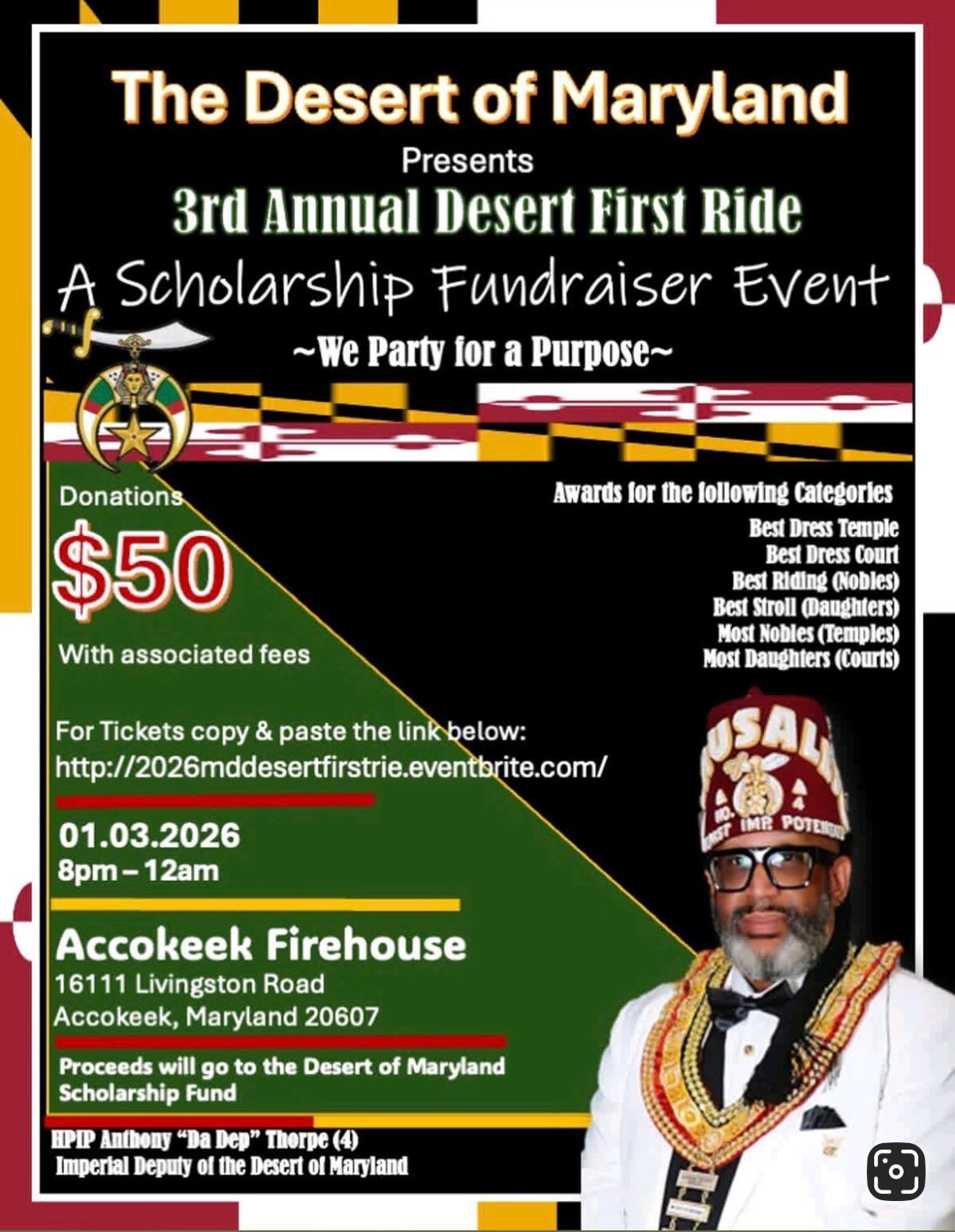 Event flyer for 3rd Annual Desert First Ride — Scholarship Fundraiser