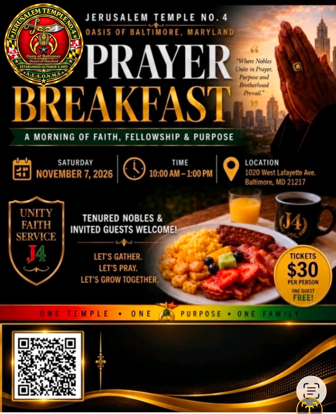 Event flyer for Prayer Breakfast — A Morning of Faith, Fellowship & Purpose